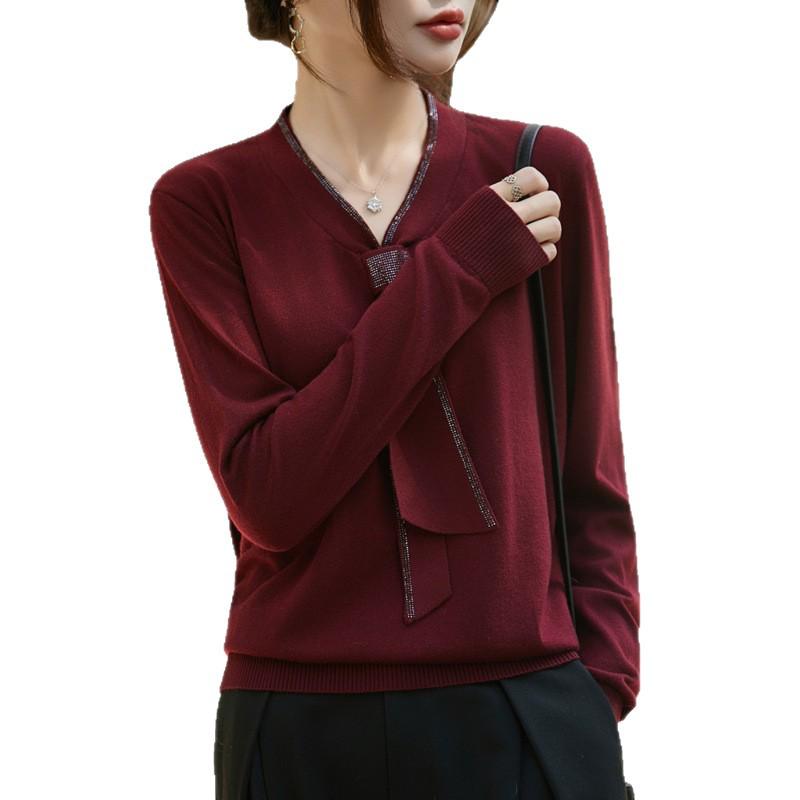 Women's Plus Size Rhinestone V-neck Knit Sweater - Autumn Fashion Long Sleeve Top