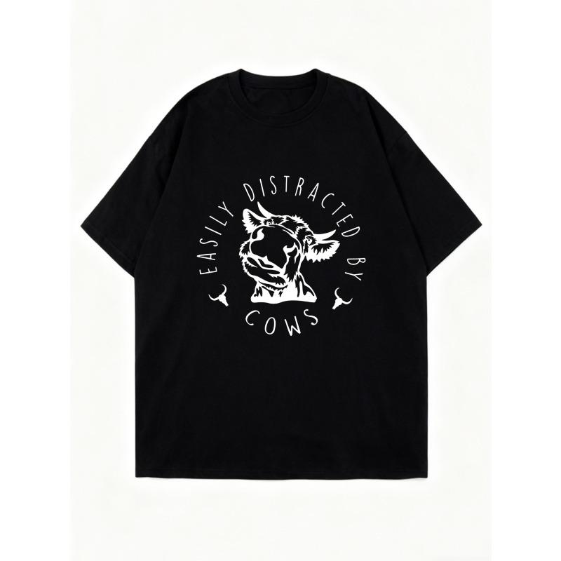 Oversized T Shirt Black Cow Print Easily Distracted By Cows Graphic Tee Casual Wear For Women Summer Outfit Street Style Fashion Top