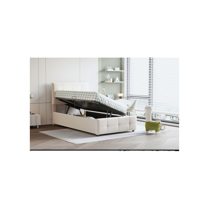 Lit Enfant 90x200 Cm, Lit De Rangement Hydraulique, Tête De Lit Réglable En Hauteur, Beige