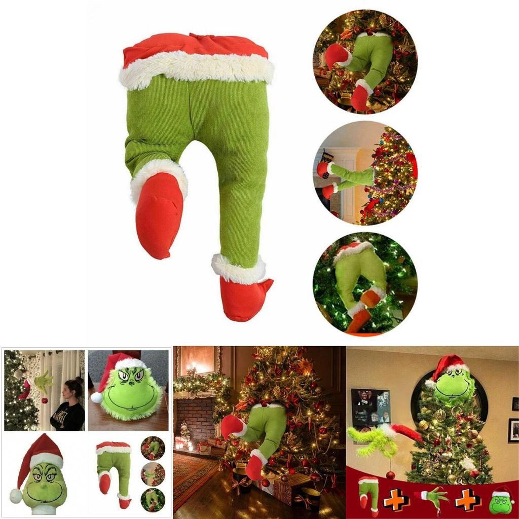 Charming Grinch Christmas Decorations Furry Green Leg And Head Tree Ornament Set