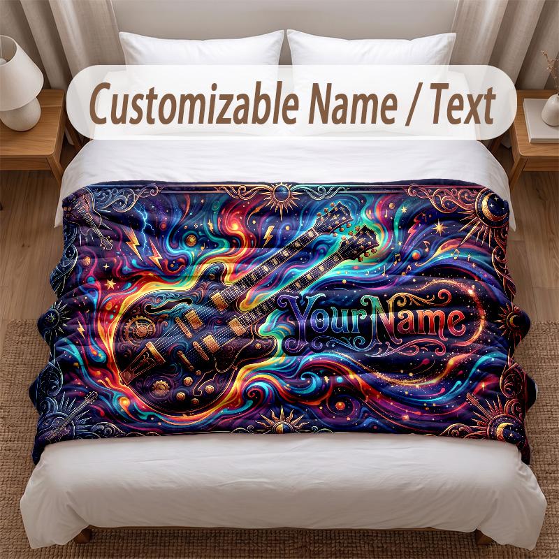 Music Guitar Theme Soft Blanket Personalized Custom Name Text Print Warm Blanket Home Sofa Bedroom Decor