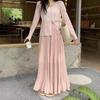 Qooth Summer Chiffon High Waist Skirt A-Line Pleated Maxi Skirt Ruffles Elegant Fashion Skirt QT2597