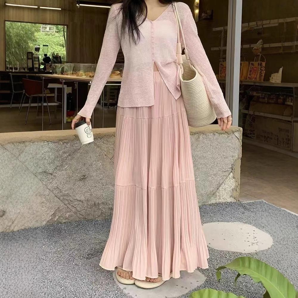 Qooth Summer Chiffon High Waist Skirt A-Line Pleated Maxi Skirt Ruffles Elegant Fashion Skirt QT2597
