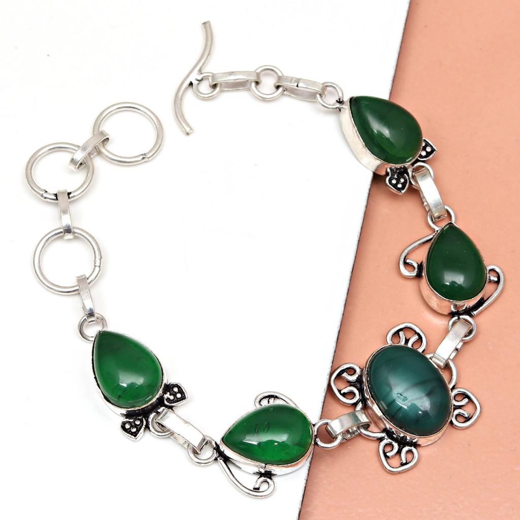 Green Onyx Gemstone Women's Gift For Her Silver Jewelry Bracelets 7-8 ''