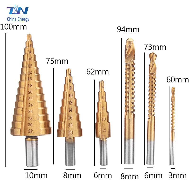 6-Piece High-Speed Steel Pagoda Drill & Step Drill Set with Spiral Groove Bits In Plastic Box