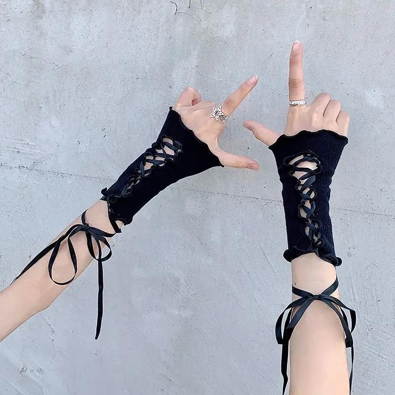 Women Lolita Jk Lace Fingerless Gloves Black Gothic DIY Strapping Sunscreen Sleeve Clothing Accessories Elastic Mesh Gloves 2055