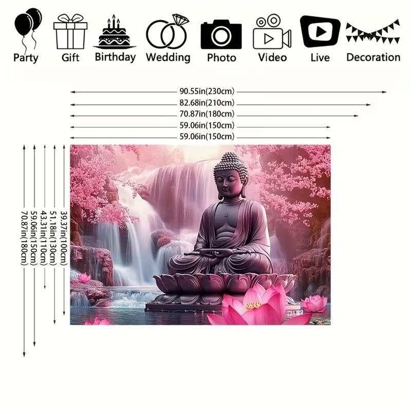 2D Buddha Meditation Backdrop, Pink Lotus & Cherry Blossom Nature Background