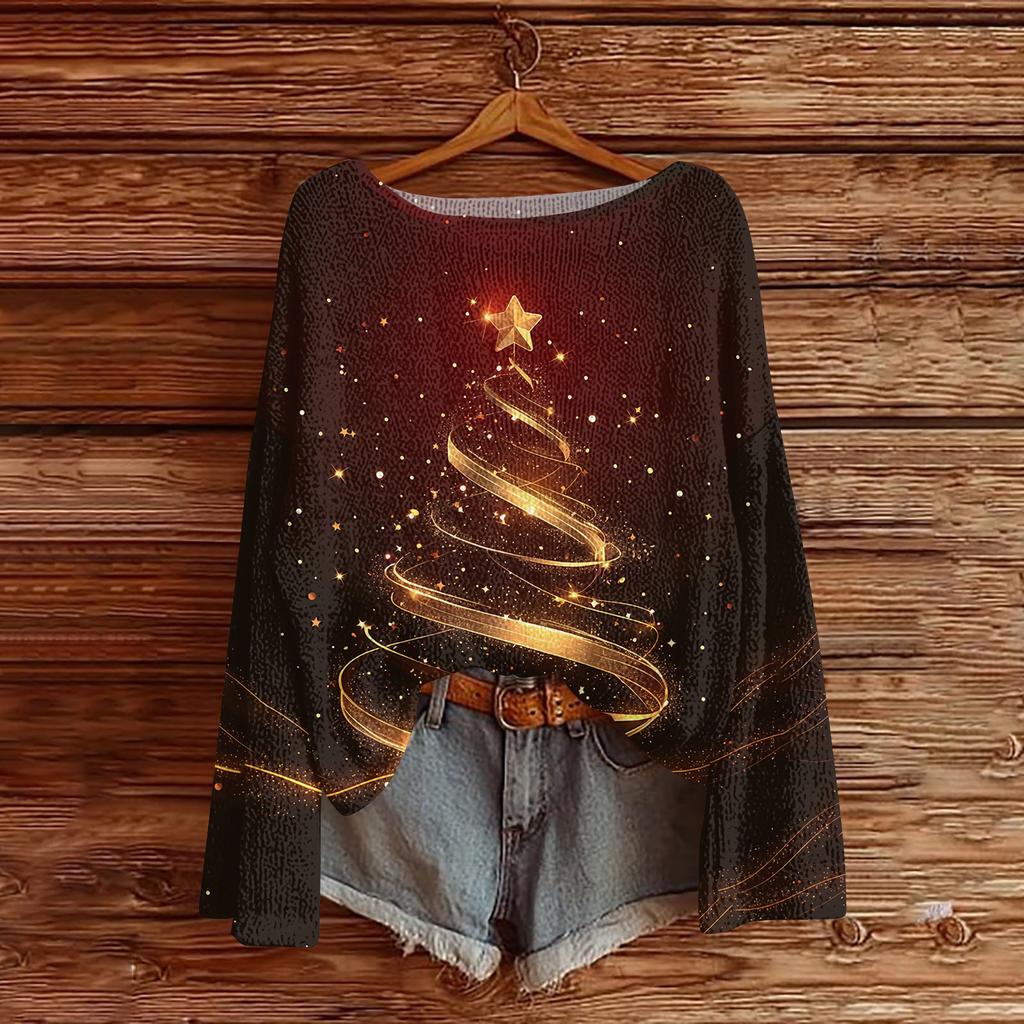 Women's Fashion Christmas Print Lightweight Sweater Casual Long-Sleeve Knit Pullover Top
