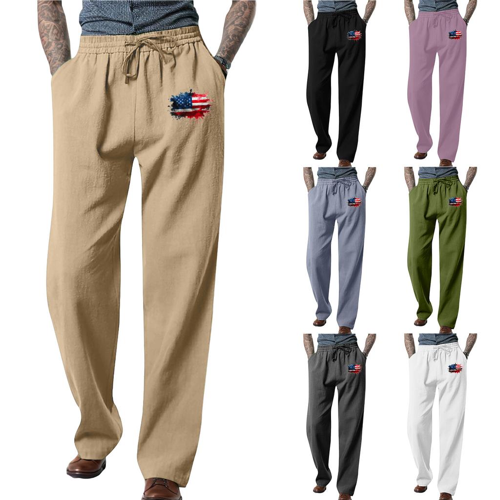 Men's Loose Casual Color Cotton Linen Trousers Elastic Tie Printed Straight Pants