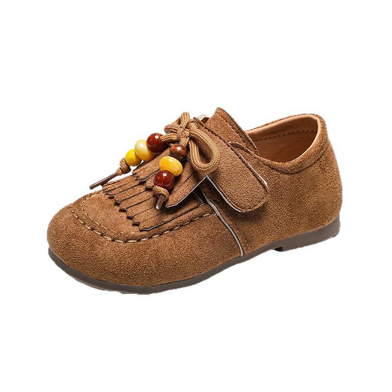 2026 Stilvolle Lederquasten-Prinzessinnenschuhe für kleine Mädchen - Frühling/Herbst Weiche Sohle Bohnenschuhe
