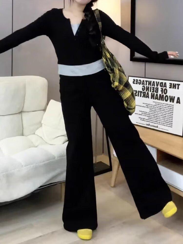 

2025 Autumn Women s Retro Black High-Waist Wide-Leg Pants - Petite Slimming Straight-Leg Style 4XL