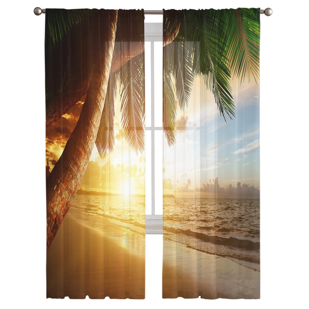 Dusk Beach Coconut Trees Chiffon Sheer Curtains for Living Room Bedroom Home Decoration Window Voile Tulle Curtain Drapes