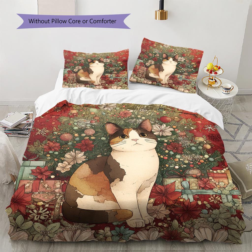 Cartoon Calico Cat Pattern Bedding Home Decoration Birthday Gift (1 * duvet cover + 2 * pillowcase, without core)