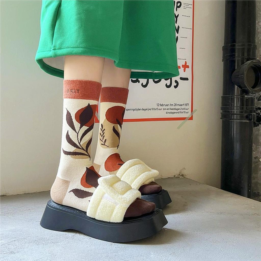 Trendy Japanese Hand-Painted Color Block Mid-Calf Embroidered Cotton Socks for Women