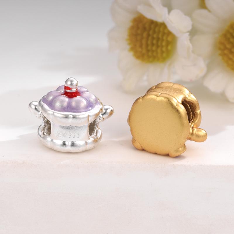 Sterling Silver 999 Blueberry Crisp Cake DIY Jewelry Beads with Hand-Woven Rope