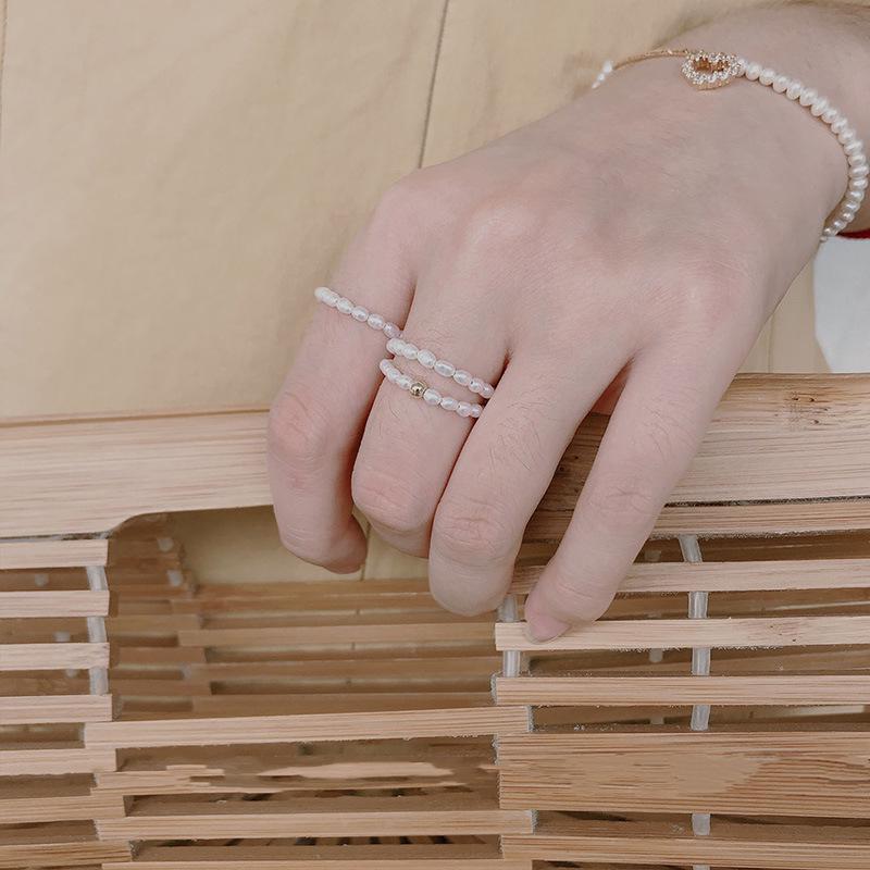 14K Gold Bead & Freshwater Seed Pearl Elastic Ring - Stackable & Versatile Style