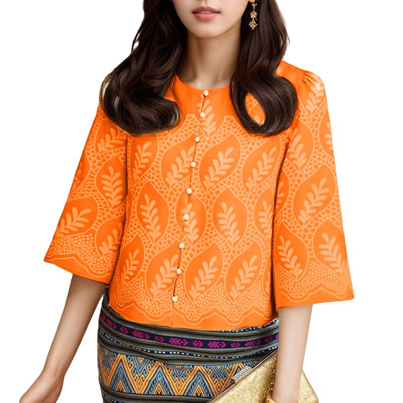 

ZANZEA Женская повседневная блузка с круглым вырезом и рукавами 3/4 с летним принтом 4XL оранжевый