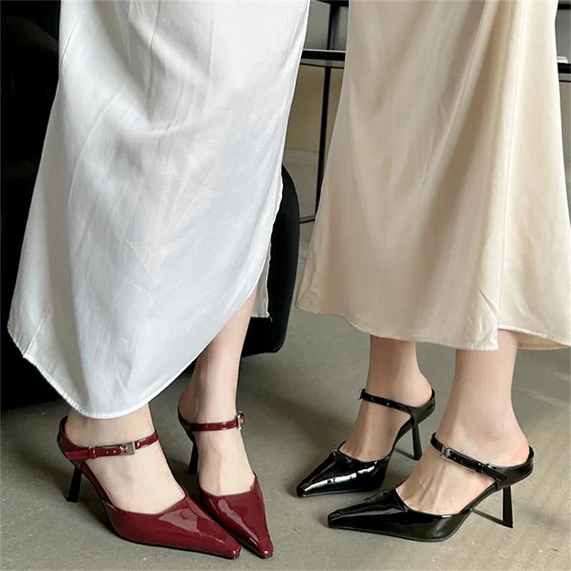 New Style Fashion Sexy Design High Heels Woman Pumps Buckle Strap Mules Slippers Pointed Toe Wedding Banquet Female Shoes