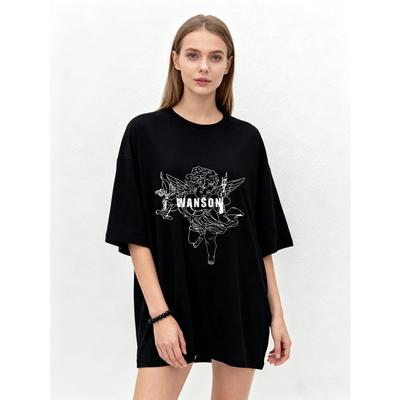 Übergroßes T-Shirt Schwarzer Engel Grafikdruck Wanson Text Lässig Streetwear Mode Oberteil für Damen