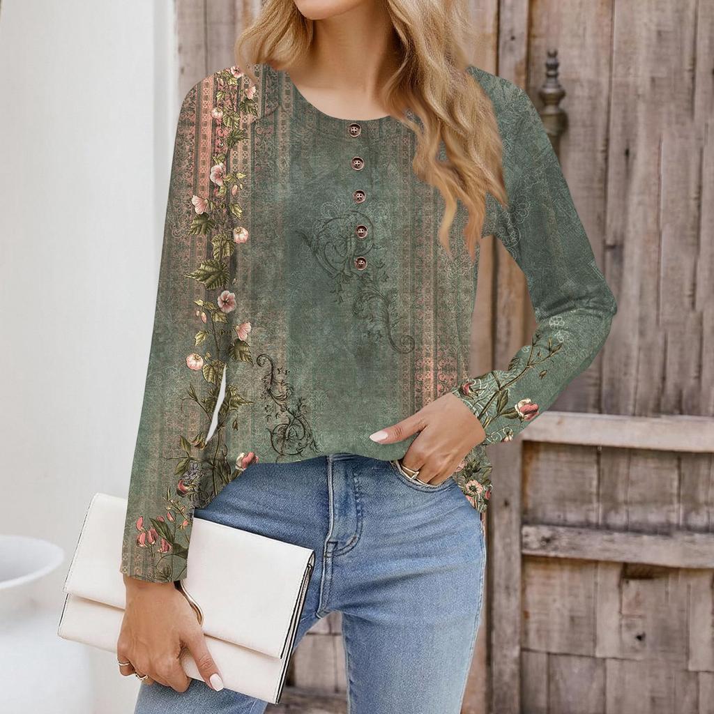 Damen Modisches Vintage Floral Print Rundhals Langarm Oberteil