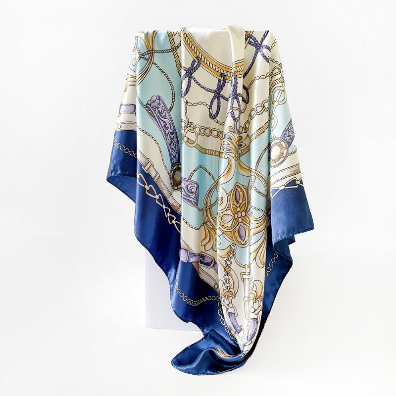 Versatile chain 90cm silk scarf square scarf high-end women's shawl retro printing satin bag headscarf
