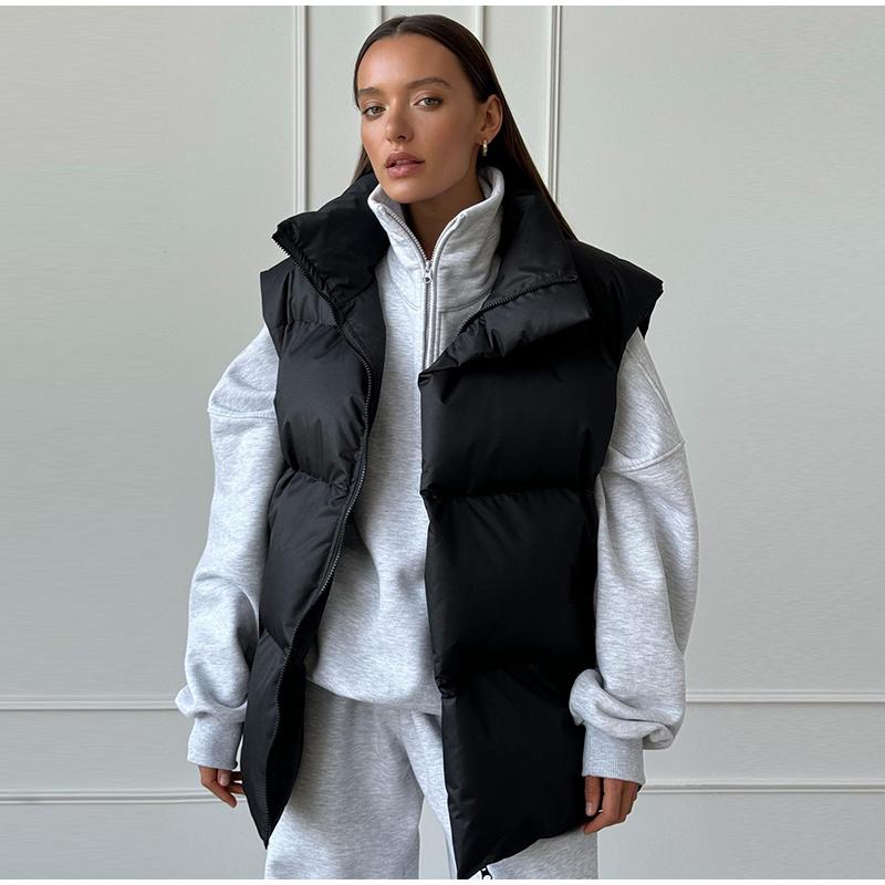 Autumn Winter Sleeveless Jacket Women Fashion Loose Thick Vest Solid Color Casual Sport Cotton Jacket Stand Collar Coat Warm Female Waistcoat