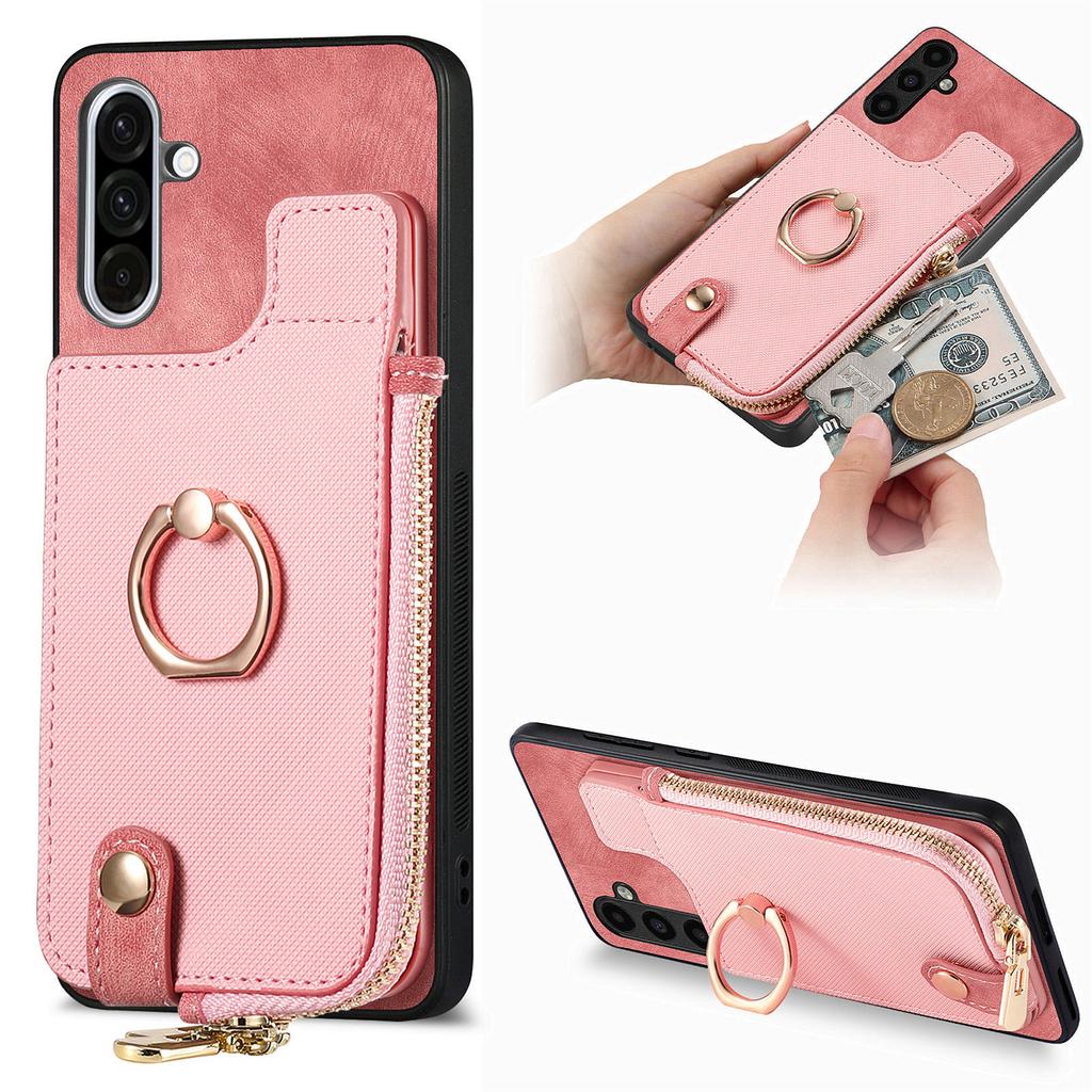 For Samsung Galaxy A36 5G Bakdeksel i lær med glidelåslommebok og ringstøtte