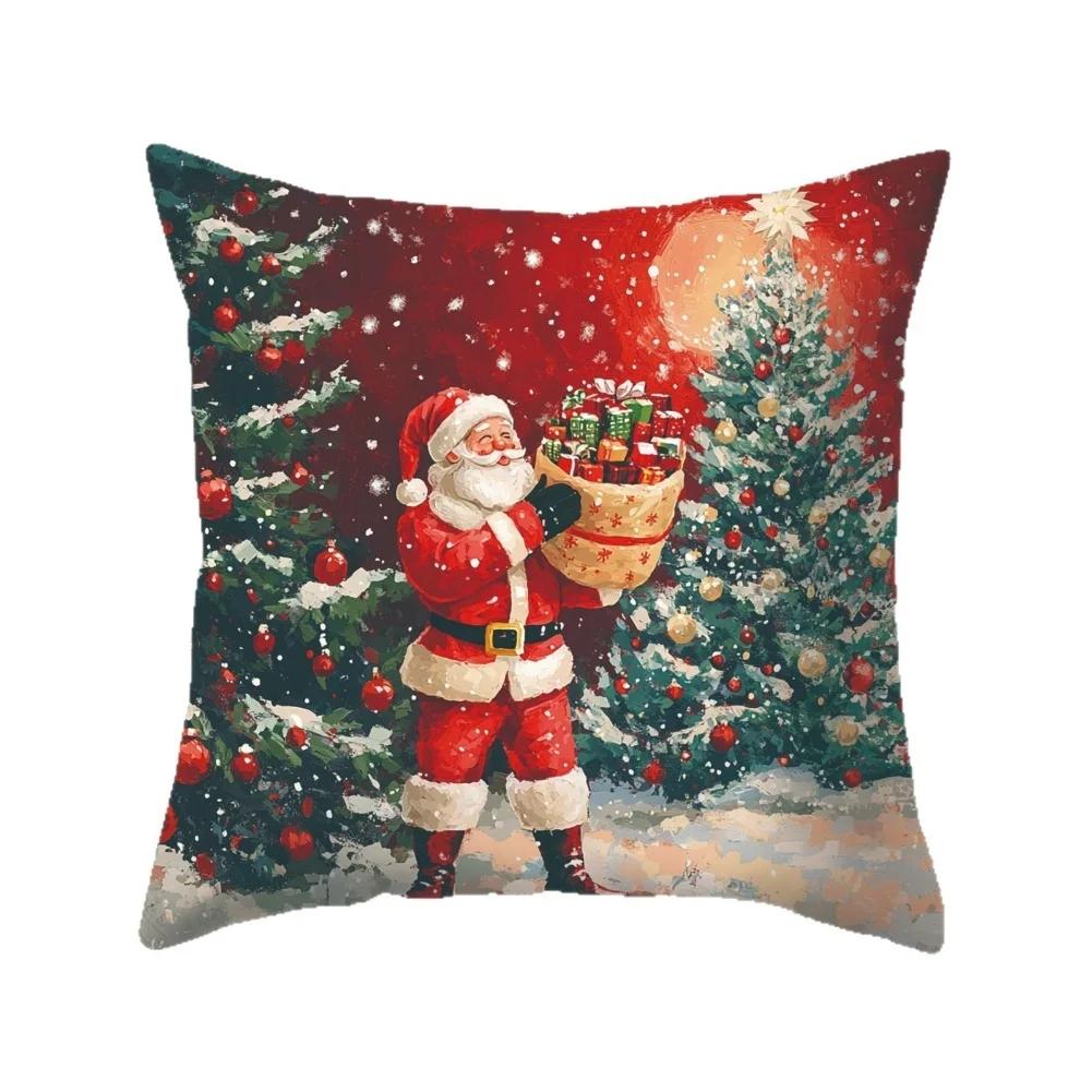 Christmas Pillow Covers 4 Pack Polyester 18x18 Inches with Santa Snowman Reindeer Prints for Sofa and Chair Decor