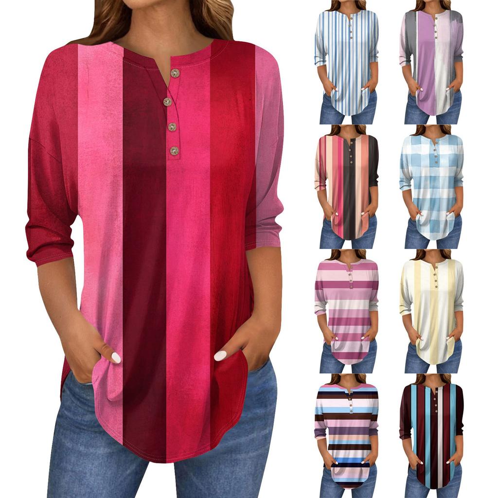 Damenmode Lässig Dreiviertelärmel Gestreift Bedruckt Rundhals T-Shirt Top