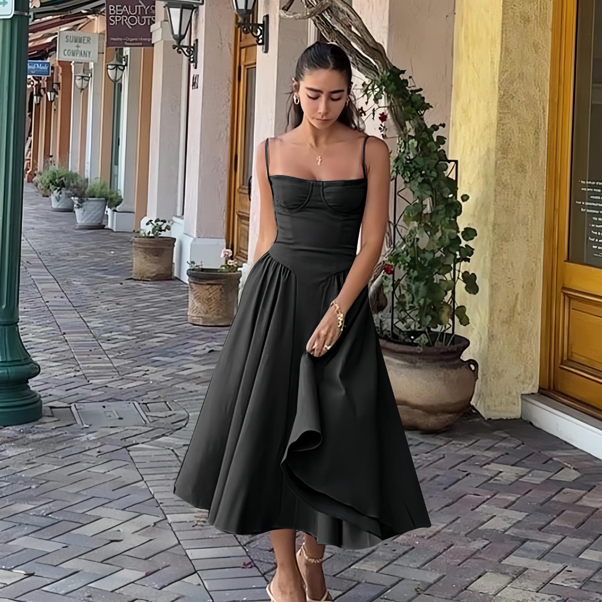 

European Slim Backless One-Shoulder Mid-Length Dress with Thin Straps M чёрный