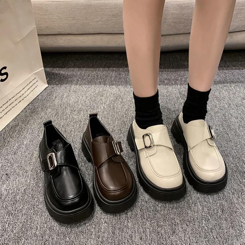 Women's Thick Bottom Slip-On Shoes Spring Autumn New Style Magic Tape Retro Versatile British Style round Toe Flat Heel