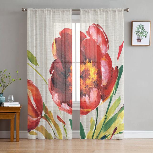 Green Plant Red Hibiscus Chiffon Tulle Curtains For Living Room Kitchen Bedroom 3d Print Sheer Voile Curtain Window Treatment