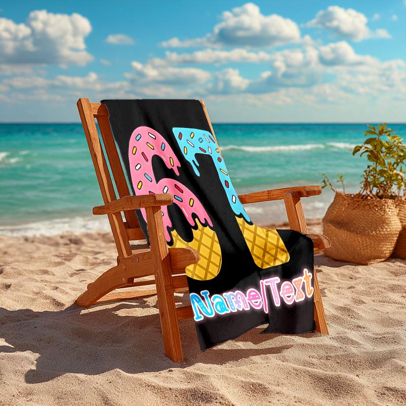 1PC Custom Name "Sweet Ice Cream Celebration" Beach Towel Highly Absorbent And Sand-Resistant Towel for Swimming, Pool, Yoga, And Travel Lightweight