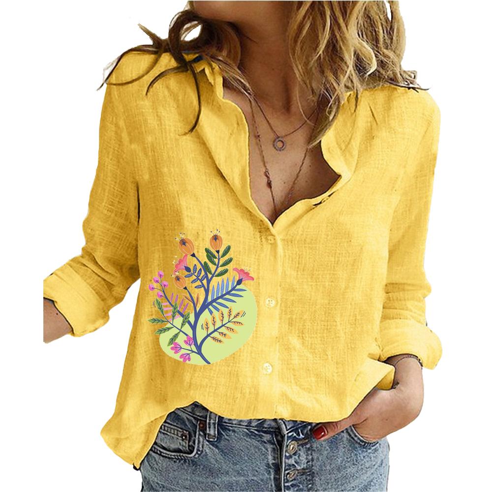 

Женская модная рубашка с длинным рукавом и лацканами из хлопка и льна на пуговицах, повседневные блузки с принтом 5XL жёлтый