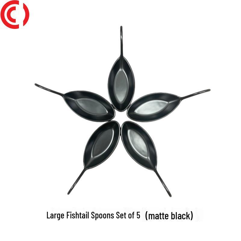 5-Piece Matte Black & White Fishtail Ceramic Dish and Spoon Set