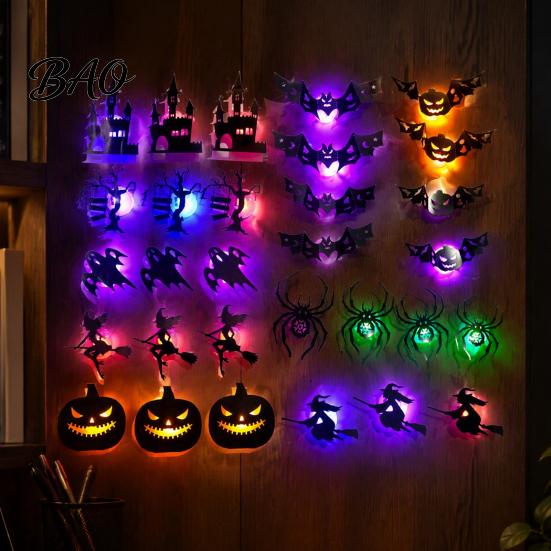 Haunted House Theme Decor 30Pcs Halloween Wall with LED Light, Glowing Bat Ghost itch Festive Decals Spider Silhouette Decoration, Spooky Light-Up