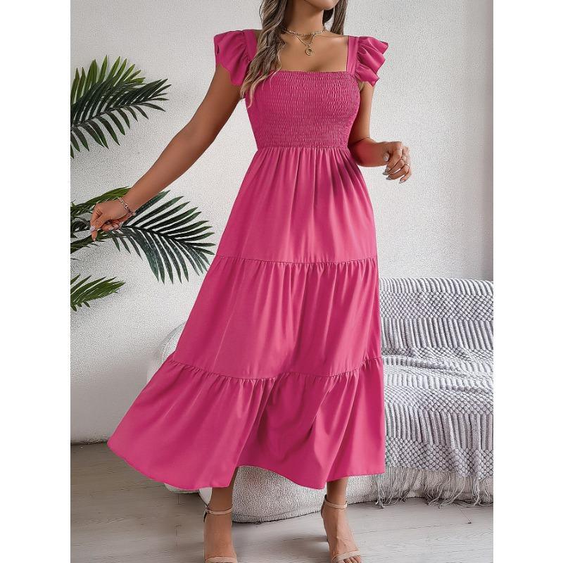 

Женское летнее платье А-силуэта с квадратным воротником и деревянной окантовкой на талии XL розы красного