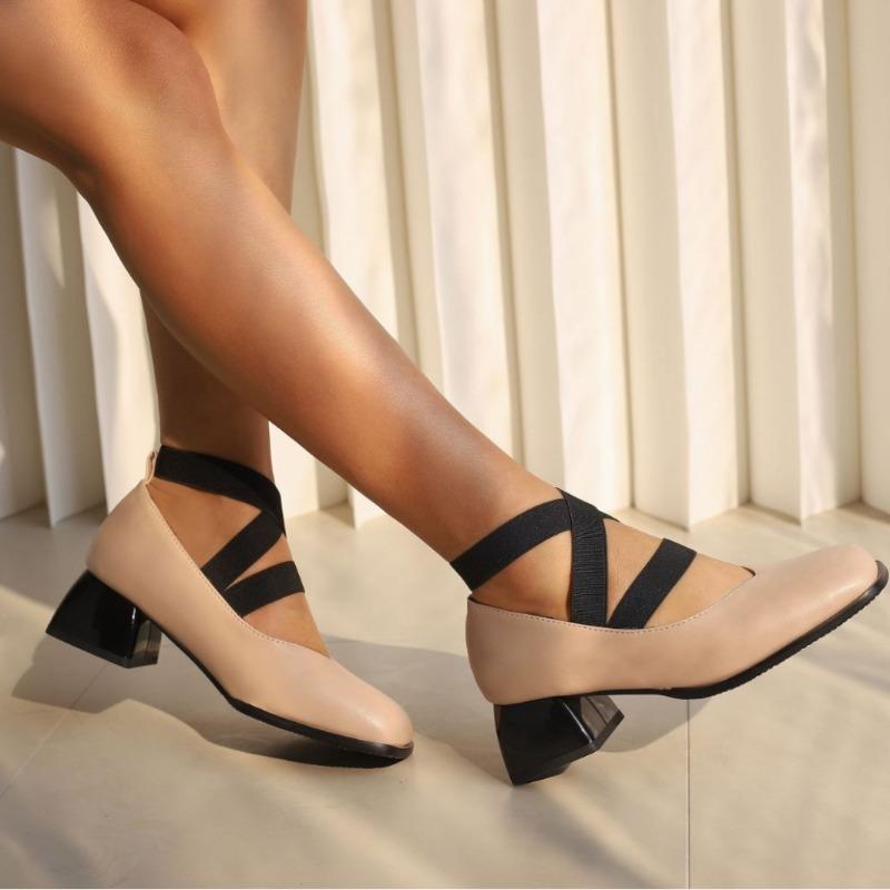 Fashion Autumn 4.5cm Comfortable Mid Heel Elastic Strap Single Shoes Solid Color Square Toe Shallow Mouth Casual Commuting Women Shoe 48
