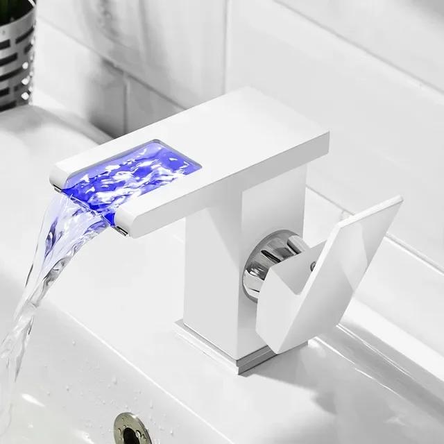 Brass LED Waterfall Bathroom Basin Faucet Cold Hot Water Mixer Crane Sink Tap Color Change Powered by Water Flow Faucets