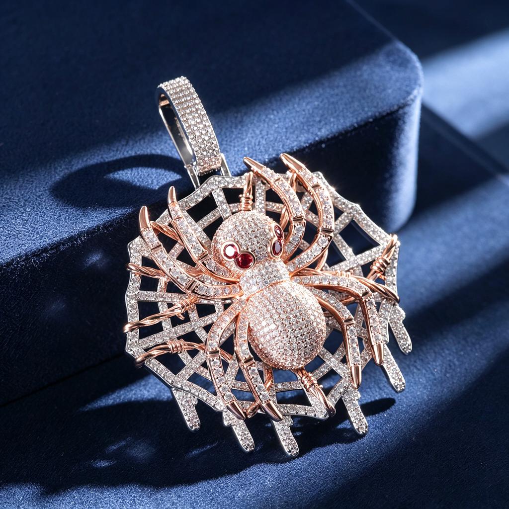 High Quality Trendy Spider Pendant With Web Two Tone Plated Brass Iced Out 5A Zircon Necklace With Tennis Chain