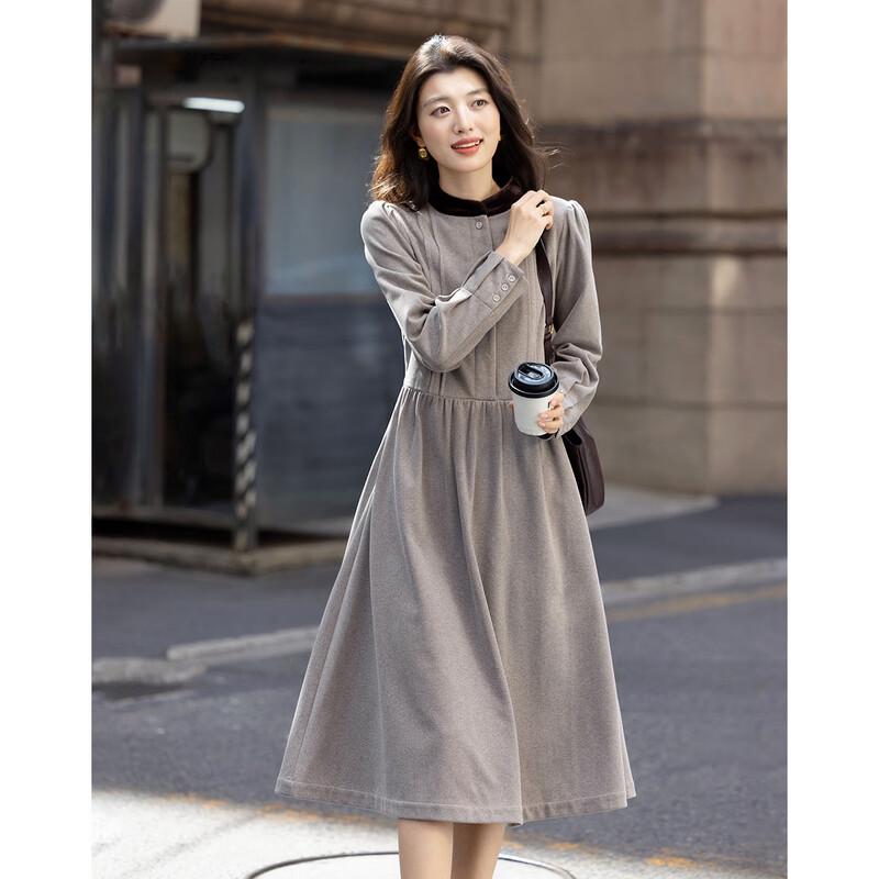 Demana Winter Color-Block Stand Collar Puff Sleeve A-Line Dress