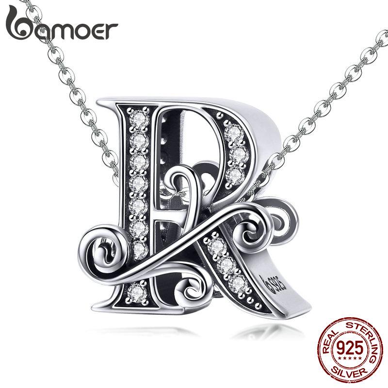 BAMOER Genuine 925 Sterling Silver Letter R Alphabet Beads Charms Fit Charm Bracelets & Bangles DIY