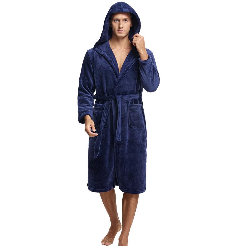 Men's Hooded Coral Fleece Flannel Bathrobe Pajamas Homewear