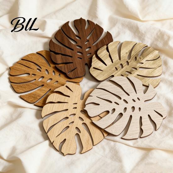 Tea Cup Coaster 5Pcs Tropical Leaf Coasters Wooden Drink Mats for Kitchen Bar Table Summer Style Protection Monstera Shape Heat-Resistant Mat