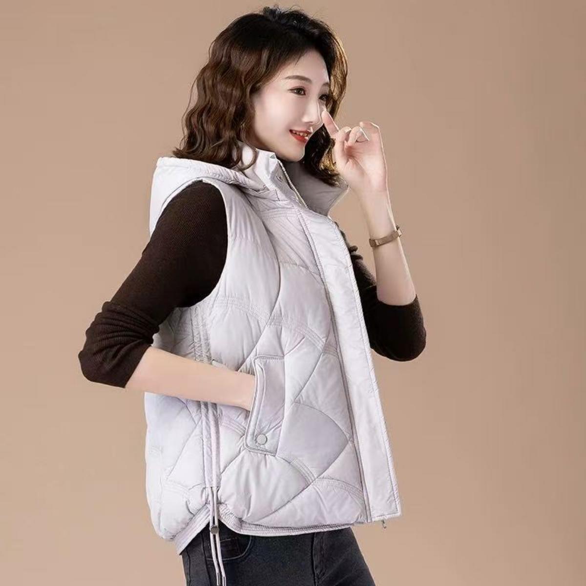 

Весенне-осенняя куртка, пуховый хлопковый жилет для женщин, темпераментная куртка из хлопка со стойкой, короткий жилет на пуху с плечиками L бежевый
