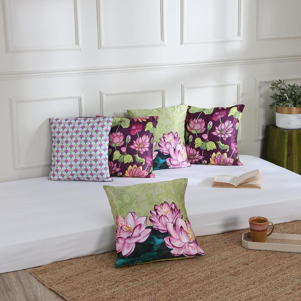 KOKO MAISON INC Lotus Valley Polystain Kissenbezug (Packung mit 5) | Klappenverschluss | Digitaldruck