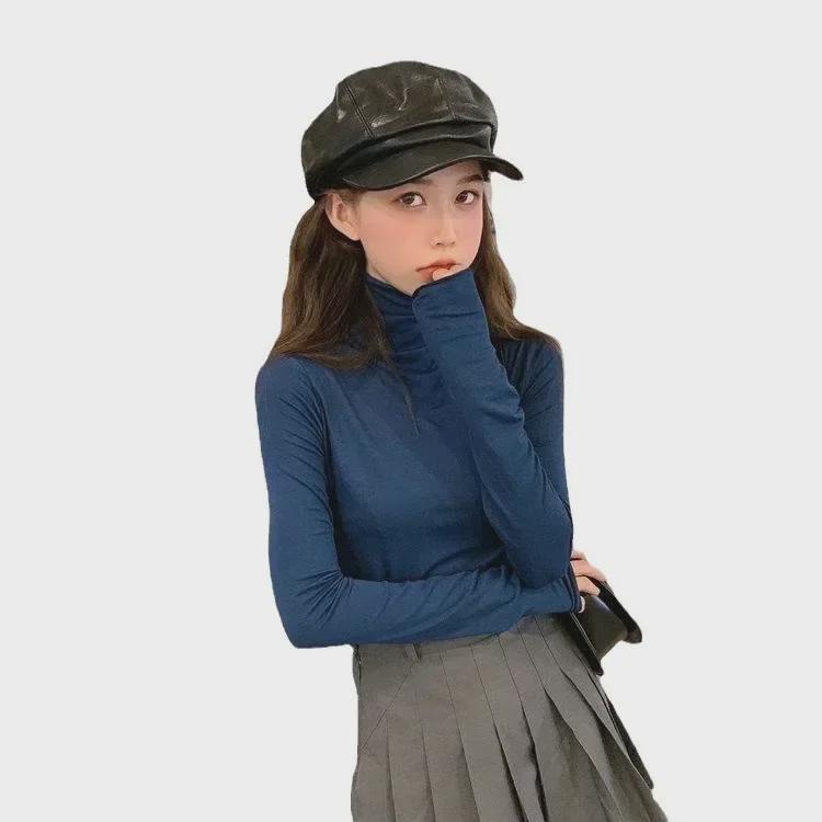Women's High Collar Solid Color Slim Fit Long Sleeve Top for Spring and Autumn