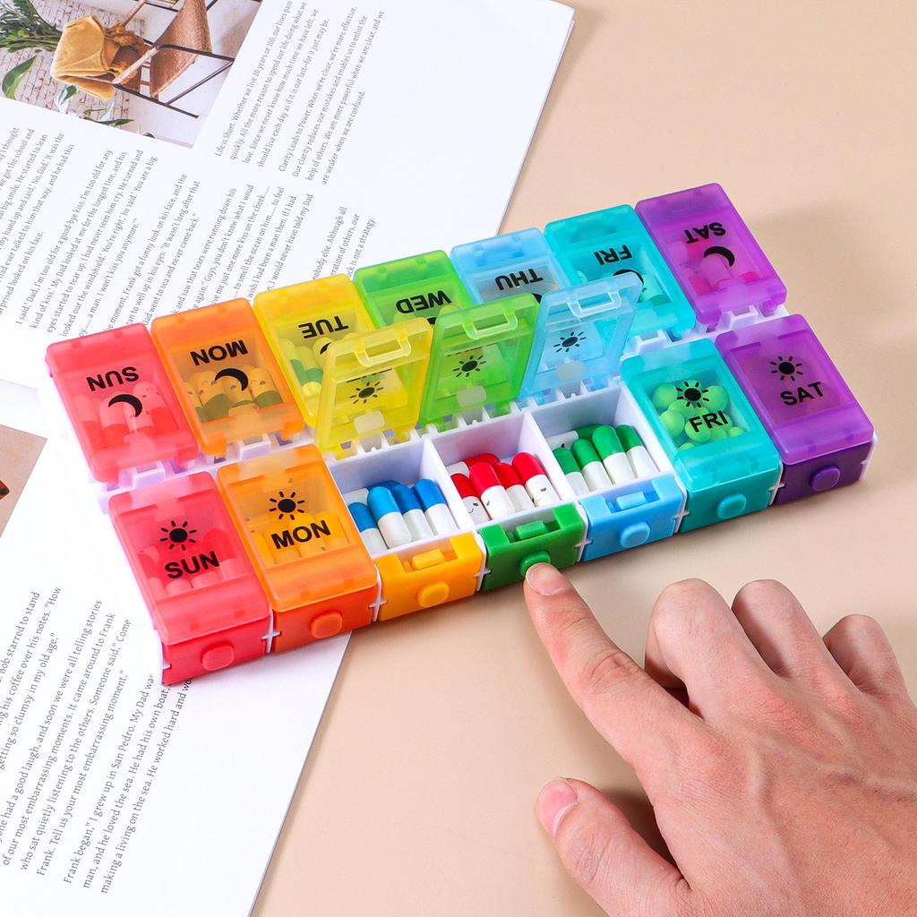 Portable 14-Grid Press-Type Weekly Pill Organizer Box