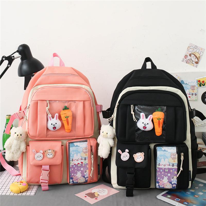 Schoolbag Backpack Women's Outdoor Travel Trend Backpack Fashion Junior High School Student Oxford Cloth Multi-piece Set Student School Bag Commuter