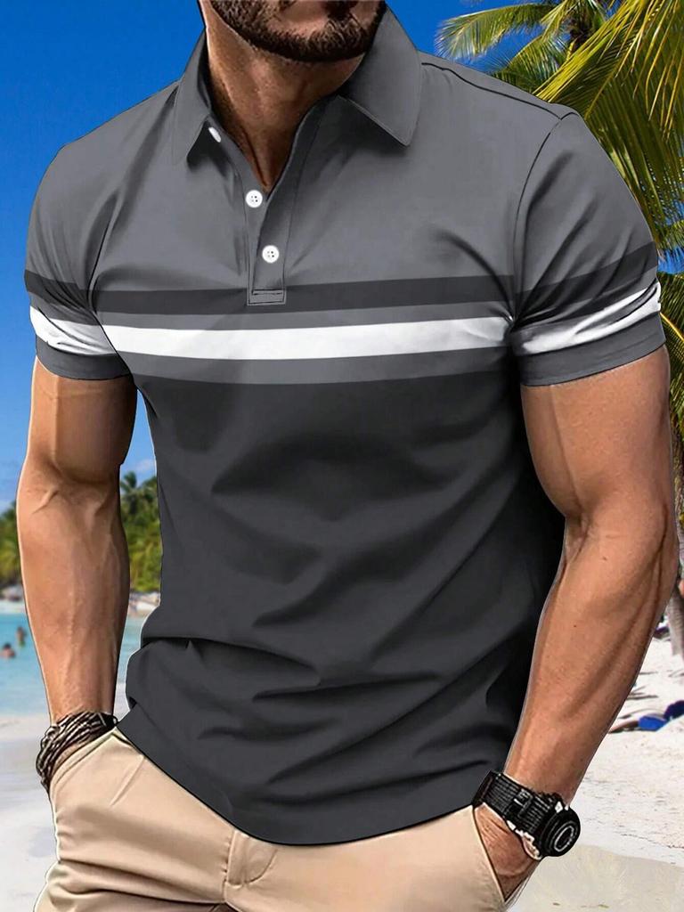 Men's Polo Shirt Button Collar Short Sleeve Pullover Summer Casual Sports Solid Color Striped Lapel Trend Men's T Shirt Tops